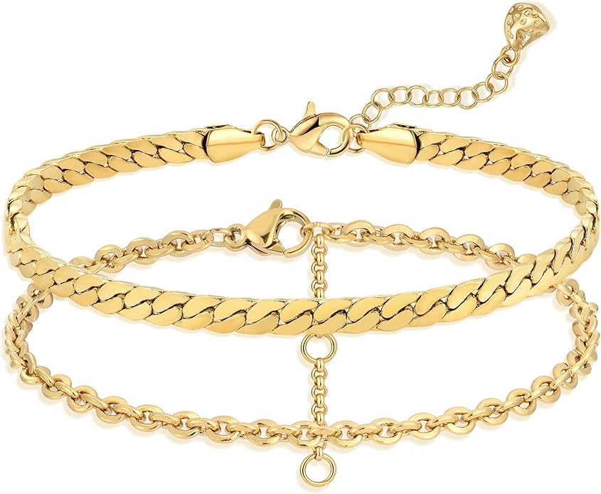Gold Bracelets for Women 18K Gold Plated Dainty Layered Herringbone/Cuban/Figaro/Snake Chain Adju... | Amazon (US)