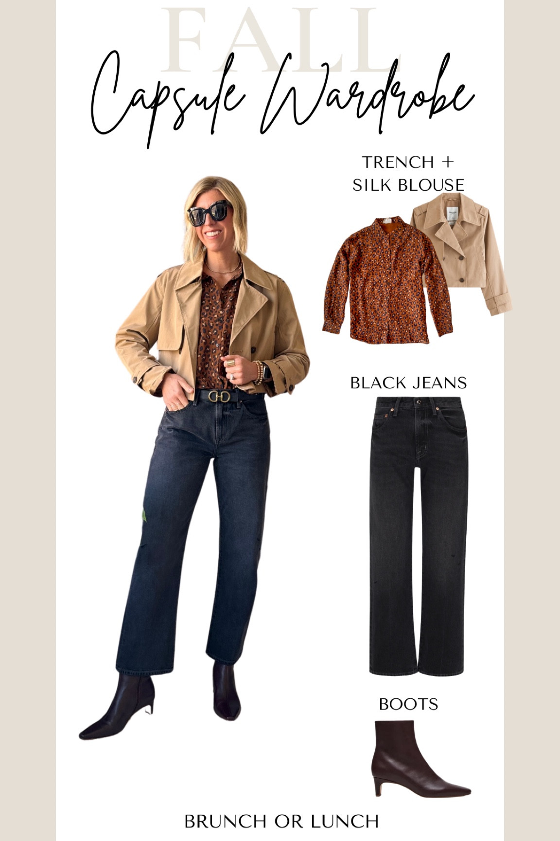 Fall capsule outfit idea with black jeans and leopard blouse + cropped trench coat 

#LTKSeasonal #LTKOver40 #LTKStyleTip