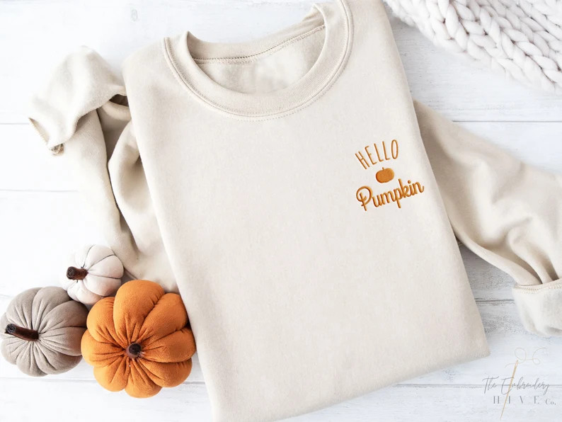 Embroidered Hello Pumpkin Sweatshirt, Cute Cozy Crewneck, Pumpkin Sweatshirt, Cozy Season Fall Sw... | Etsy (US)