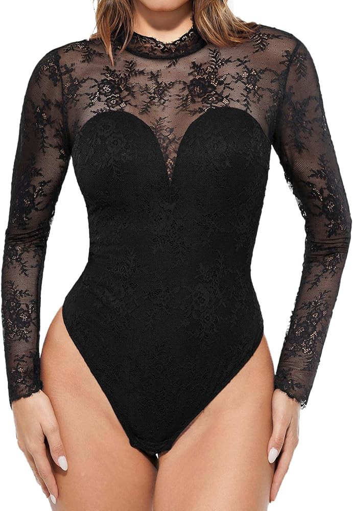 Popilush Long Sleeve Body Suits Womens Tummy Control Open Back Sheer Top Built in Bra Turtleneck ... | Amazon (US)