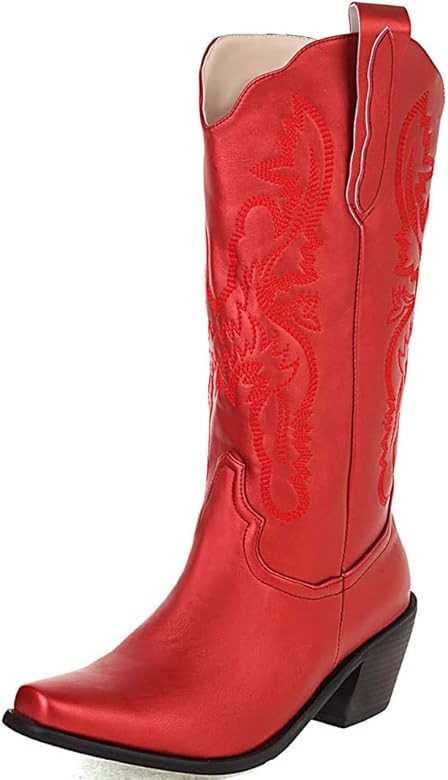 CELNEPHO Mid Calf Boots For Women Fashion Retro Embroidered Mid Block Chunky Heel Pointed Toe Pull O | Amazon (US)