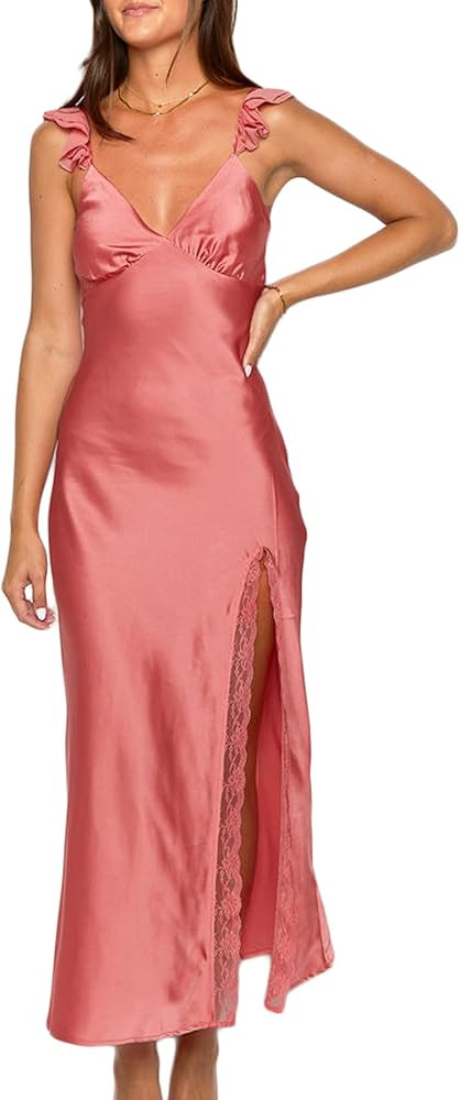 Summer Satin Lace Backless Spaghetti Strap Maxi Dress for Wedding Guest Silk Sleeveless V Neck Sl... | Amazon (US)