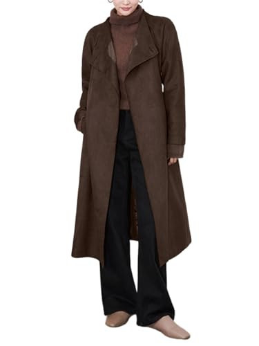 utcoco Womens Faux Suede Long Trench Coat Open Front Leather Trench Overcoat with Belt (Medium, Dark Brown) | Amazon (US)