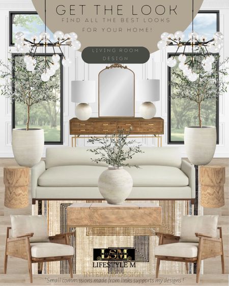 Modern farmhouse living room idea. Wood upholstered accent chair, wood brass coffee table, wood round end table, ceramic vase, realistic fake plant, ceramic tree planter pot, realistic fake tree, beige living room rug, wood brass console table, round table lamp, brass mirror, living room chandelier.

#LTKhome #LTKFind #LTKstyletip