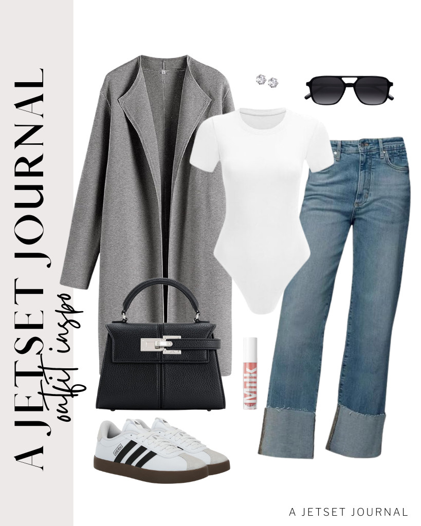 Wearing neutrals is my thing, so for the last outfit, I would wear a gray coat over a white bodysuit and light-wash jeans. Dark SOJOS retro sunnies and a black top-handle bag from JW PEI fit perfectly with this vibe.																									
 

 #LTKSeasonal #LTKSaleAlert #LTKTravel