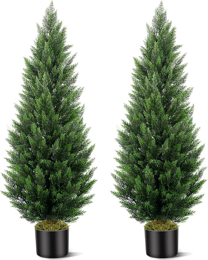 Artificial Topiary Cedar Trees 5FT Tall 2 Set, Outdoor Indoor Faux Pine Shrubs Plants, Realistic ... | Amazon (US)