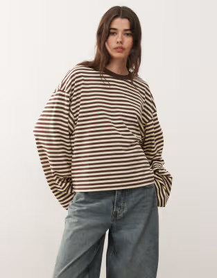 Lioness Bloom cotton blend short sleeve crew neck boxy T-shirt in chocolate and lemon stripe | ASOS (Global)