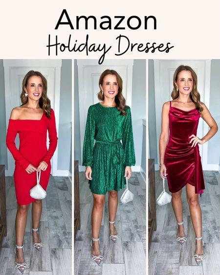 Amazon holiday outfits. Amazon holiday dresses. Amazon Christmas outfit. Velvet dresses. Wearing smallest size in each. Wedding guest dress. Party outfits. Party dresses. Bow heels are TTS. 

#LTKwedding #LTKparties #LTKHoliday