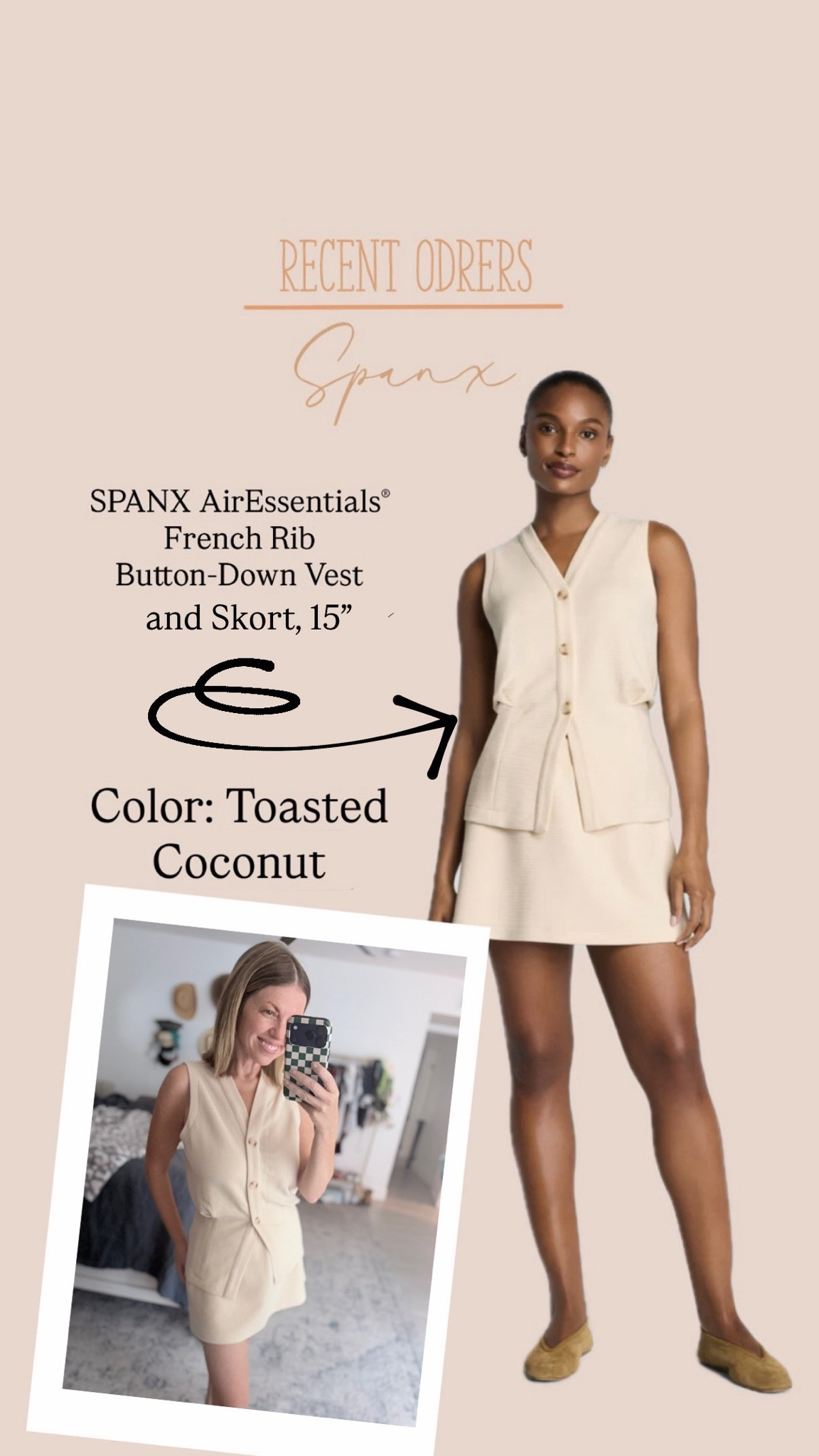 New in from Spanx
.
French rib vest and skort set in toasted coconut 
.
Wearing an XS in both 
.
| spring outfit | summer outfit | matching set | Spanx |

#LTKOver40 #LTKPetite #LTKootd