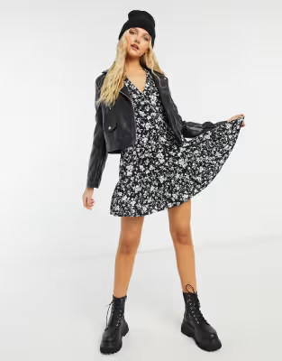 New Look button front smock mini dress in black floral print | ASOS (Global)