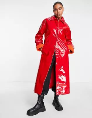 Missguided vinyl formal coat with faux fur cuff in red | ASOS (Global)