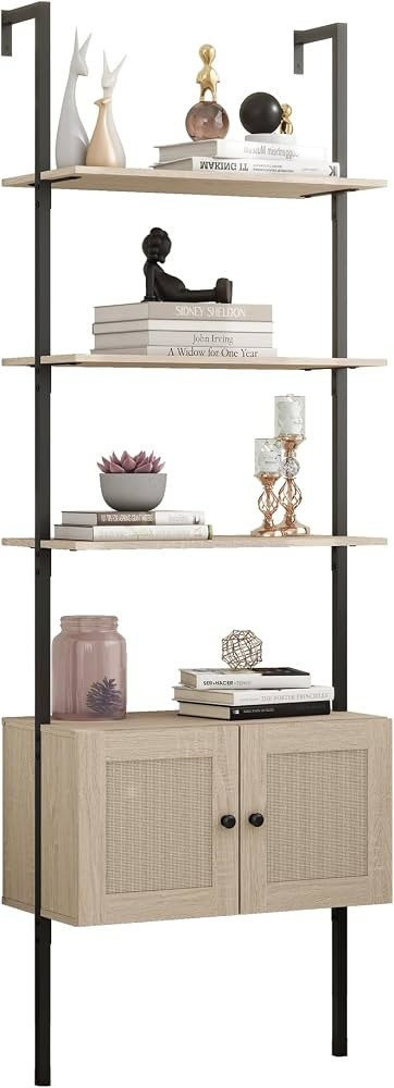 Panana Modern 3 Tier Bookcase with Rattan Cabinet in Light Oak Finish with Matte Black Metal Fram... | Amazon (US)