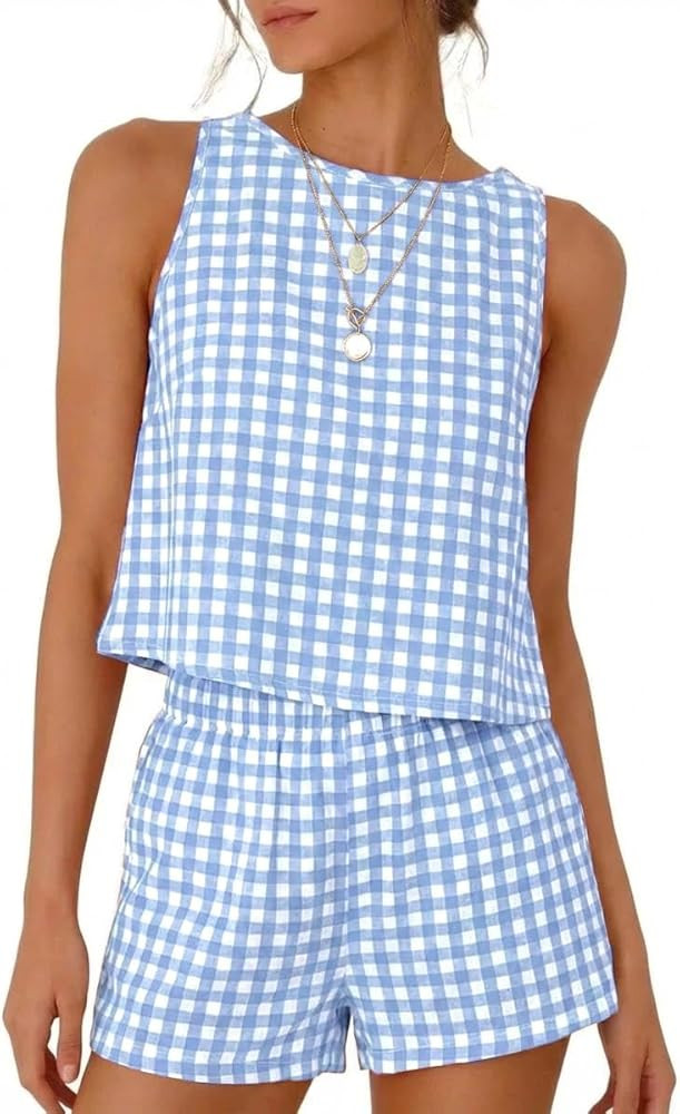 IDEALSANXUN Womens Two Piece Sets Summer Beach Spring Gingham Tank Tops and Plaid Shorts Pajama S... | Amazon (US)