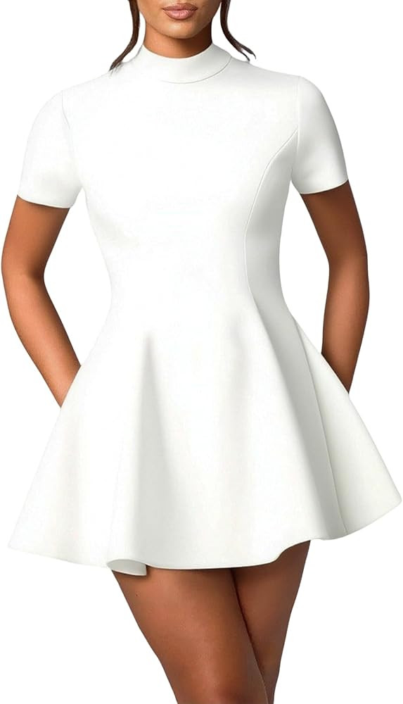 LuFeng Women's Short Sleeve Mock Neck Ruffle Hem Mini Dress Trendy Flared Hem A-Line Timeless Cla... | Amazon (US)