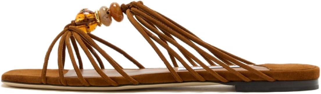 Womens Strappy Flat Slide Sandals Dressy Slip On Sandals Square Open Toe Beaded Summer Slides Vac... | Amazon (US)