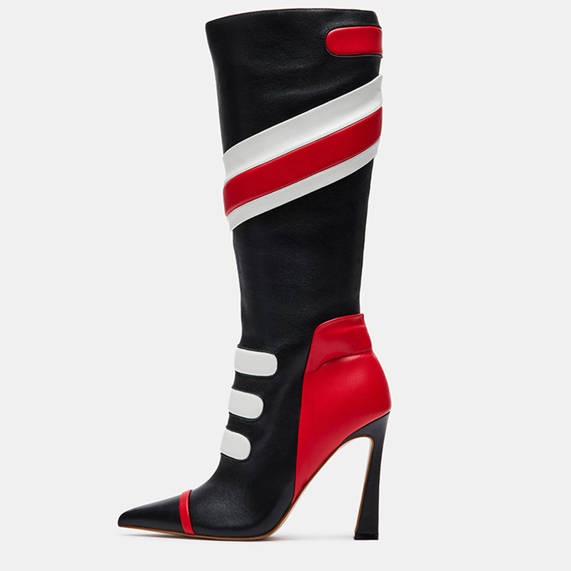 Multicolor Faux Leather Pointy Toe Stiletto Heel Stripe Mid-Calf Boots | FSJshoes