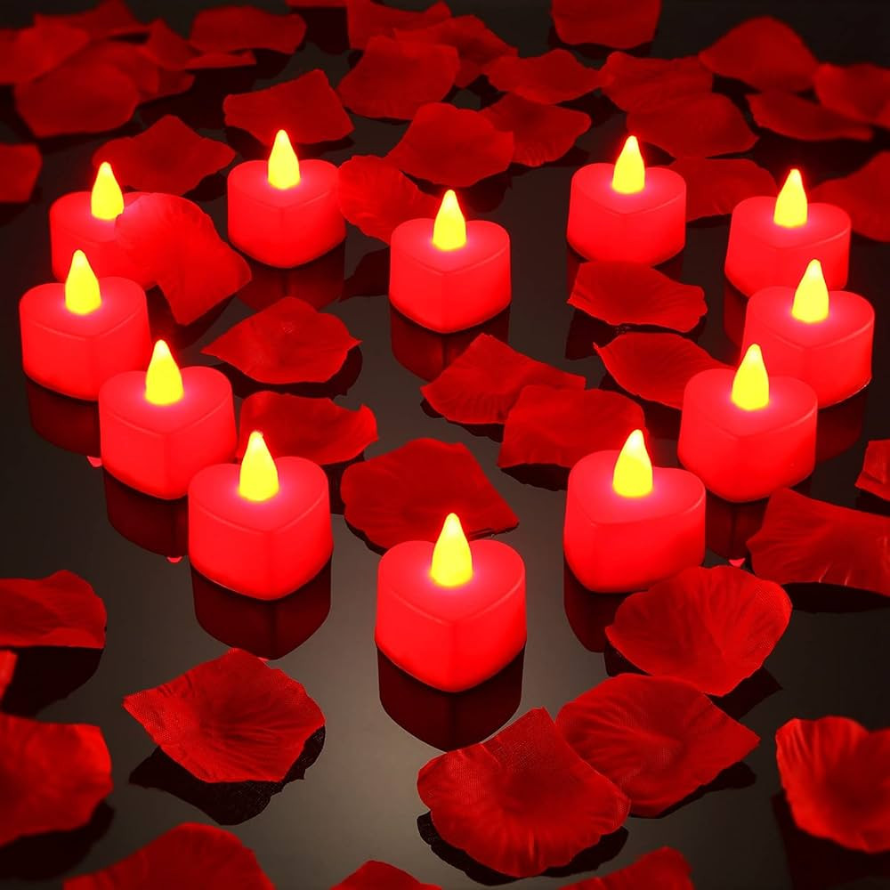 Mudder 12 Pcs Heart Shape LED Tealight Candles Love LED Candles with 200 Pieces Silk Rose Petals ... | Amazon (UK)
