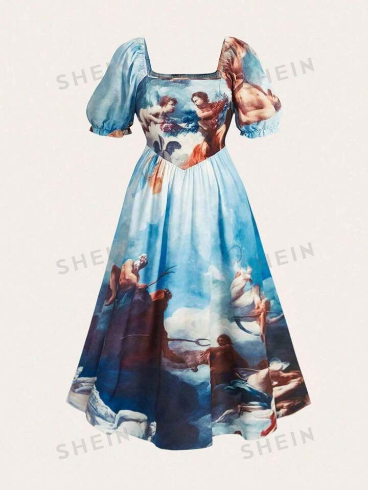 SHEIN MOD Plus Size Printed Puff Sleeve A-Line Dress | SHEIN