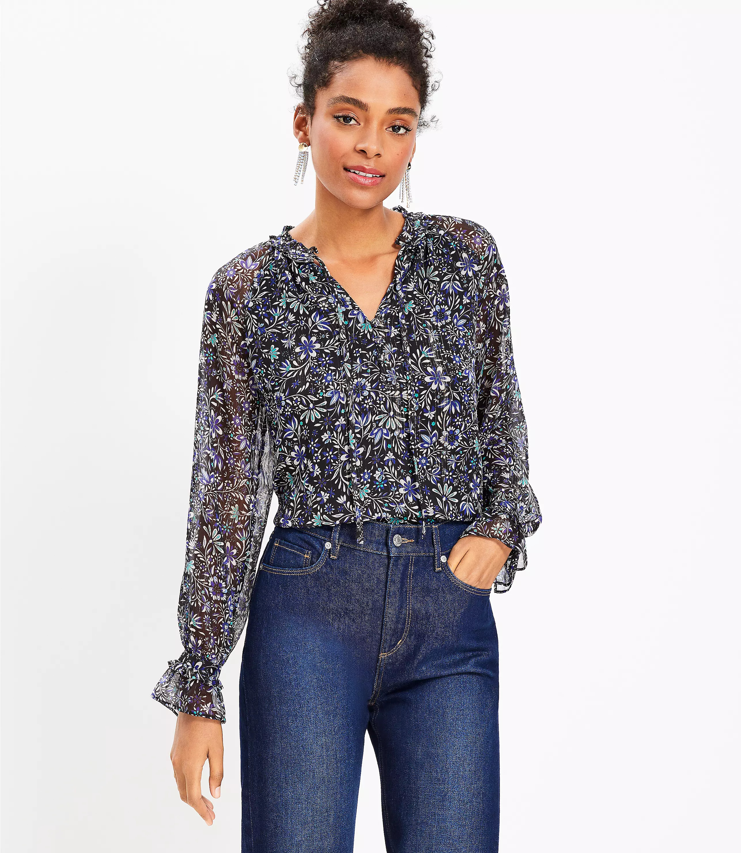 Shimmer Floral Ruffle Tie Neck Blouse | LOFT