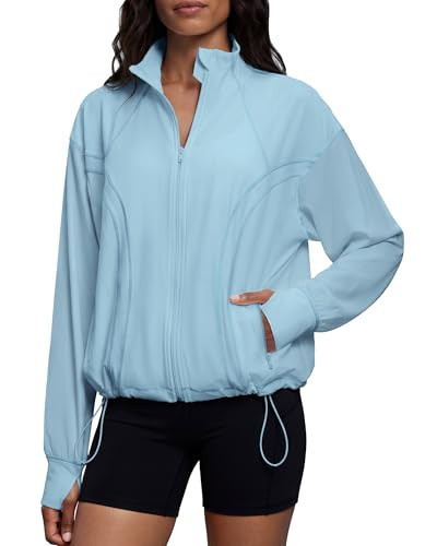 Gacaky Womens Lightweight Full Zip Athletic Jacket Oversized Yoga Workout Jacket Windbreaker Jacket Hiking Outdoor Pockets Blue L | Amazon (US)