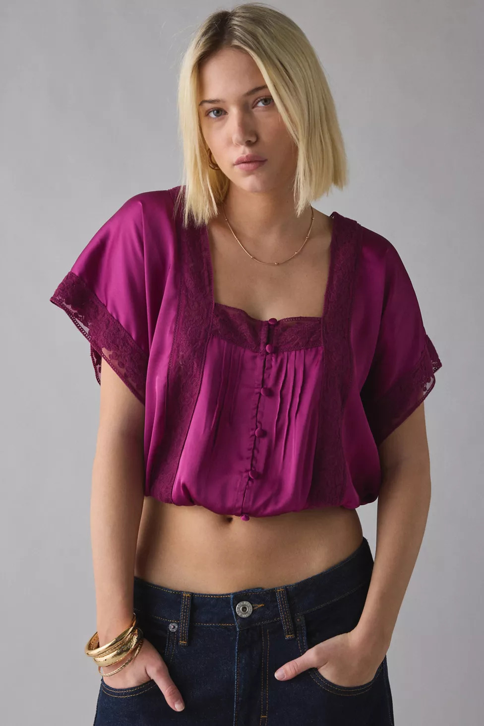 Kimchi Blue Ada Short Sleeve Lace Trim Satin Blouse | Urban Outfitters (US and RoW)