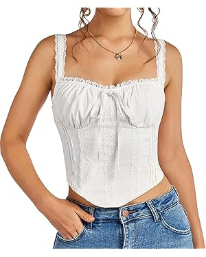 KUTUMAI Lace Corset Top Y2K Cute Square Neck Bustier Going Out Tank Crop Tops for Women Trendy Su... | Amazon (US)