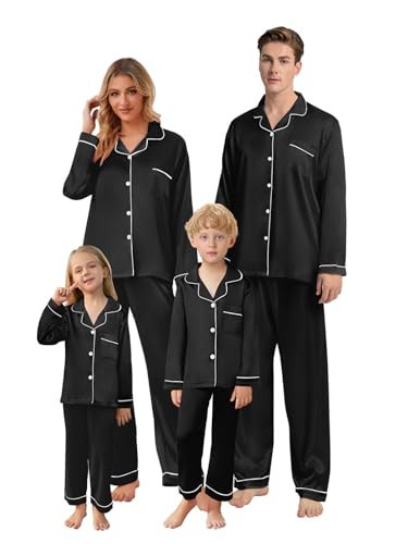 Schbbbta Family Matching Silk Pajamas Set Satin Long Sleeve Button Up Sleepwear Pj Set, T Black, 9-10 Years = Tag 150 | Amazon (US)