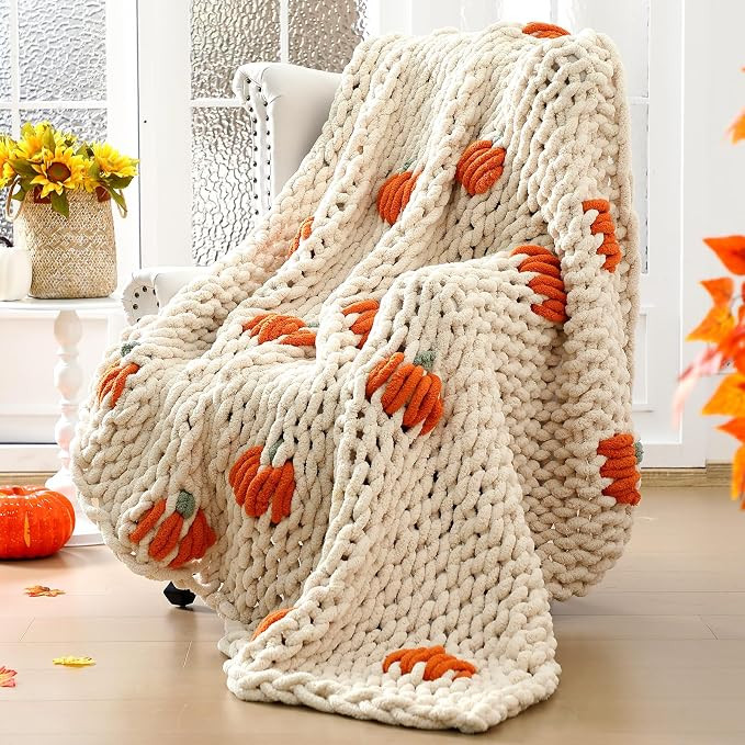 Fall Pumpkin Chunky Knit Throw Blanket 50" x 60",Beige | Amazon (US)
