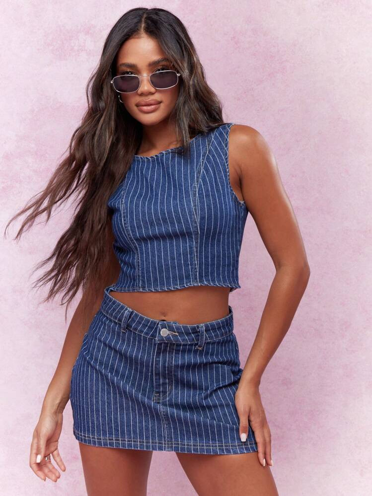 MISSGUIDED Pinstripe Sleeveless Crop Top And Bodycon Mini Skirt 90'S Two Piece Co-Ord Set | SHEIN