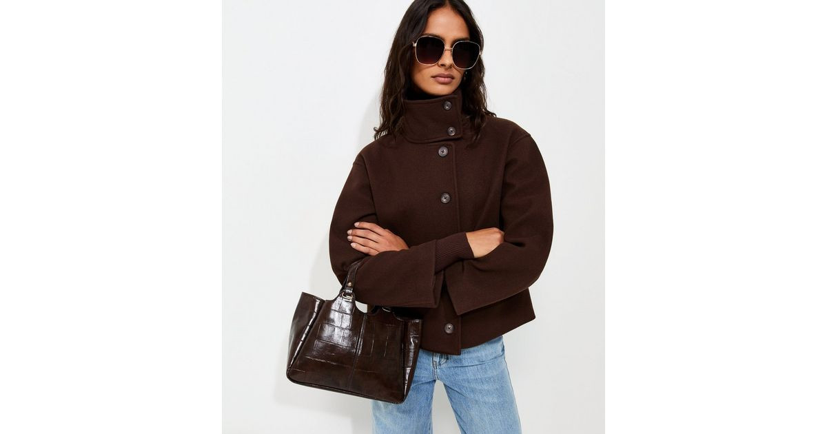 Dark Brown Woven Funnel Neck Jacket | New Look | New Look (UK)