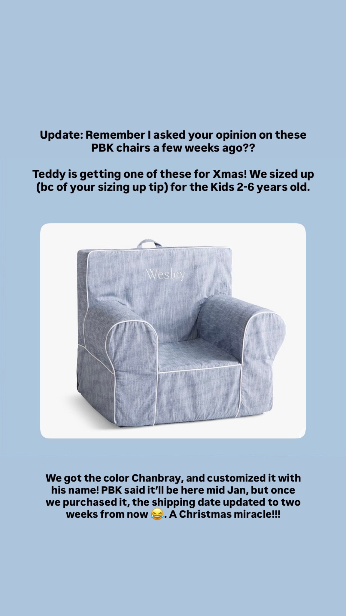 Pottery barn kids chair! We selected sizes 2-6 years old, color CHAMBRAY!

#LTKKids #LTKmomlife #LTKBump