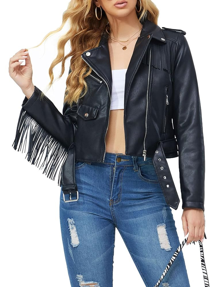XULIKU Women Short Faux Leather Moto Jacket,Fall Spring Tassel Trim Lapel Zipper Up Pleather Coat... | Amazon (US)