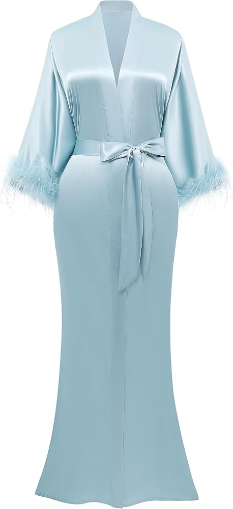 PRODESIGN Satin Kimono Robe Long Silky Bath Robe with Ostrich Feather Trim Sleepwear Wedding Brid... | Amazon (US)