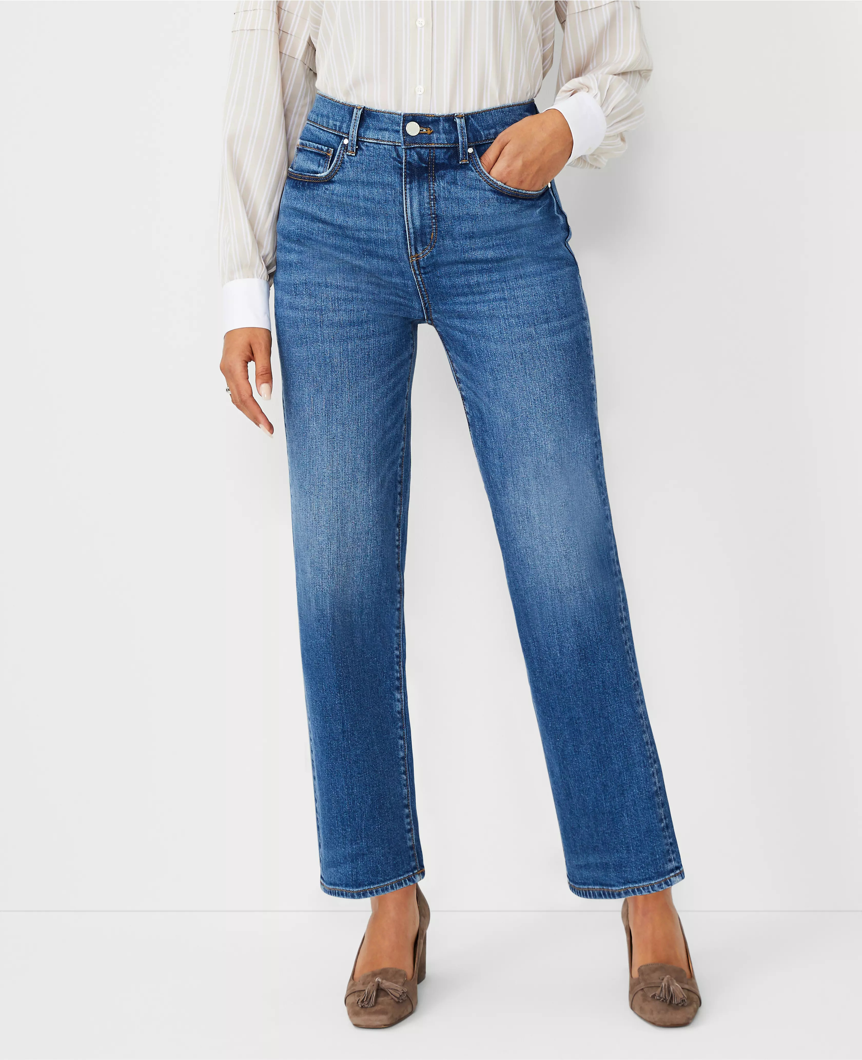 Sculpting Pocket High Rise Straight Jeans in Vintage Dark Indigo Wash | Ann Taylor (US)