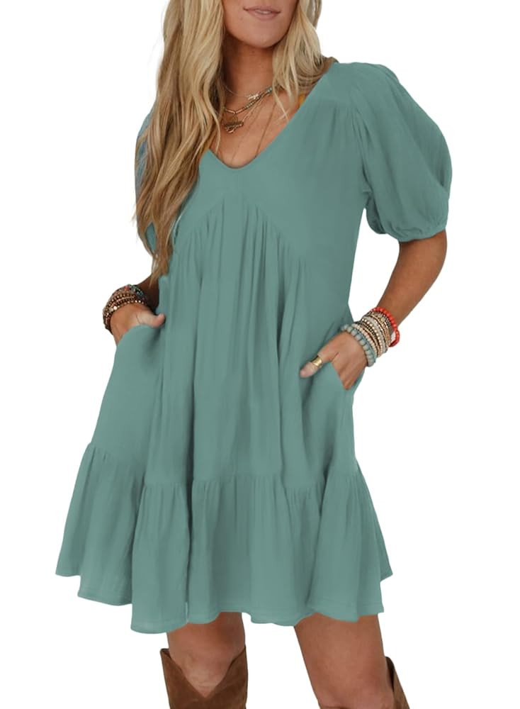 Acelitt Women's Summer Dresses 2025 Beach Casual Deep V Neck Loose Sundress Short Sleeve Mini Dre... | Amazon (US)