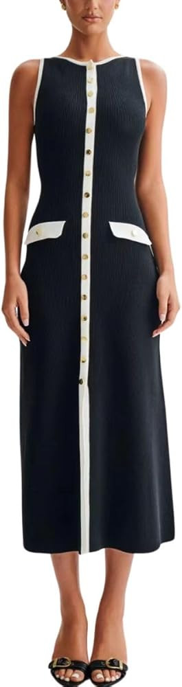 ELFTOWN Women's Summer Sleeveless Single Breasted Knit Maxi Dress Slit Crew Neck Long Sweater Bod... | Amazon (US)