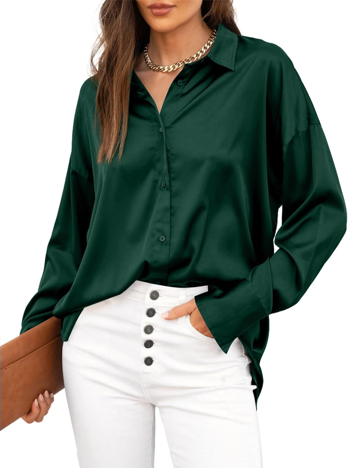 Women's Silk Satin Blouses Button Down Shirts Casual Loose Long&Short Sleeve Office Work Tunic To... | Amazon (US)