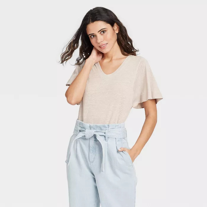 Women's Flutter Short Sleeve Scoop Neck Linen T-Shirt - A New Day™ | Target