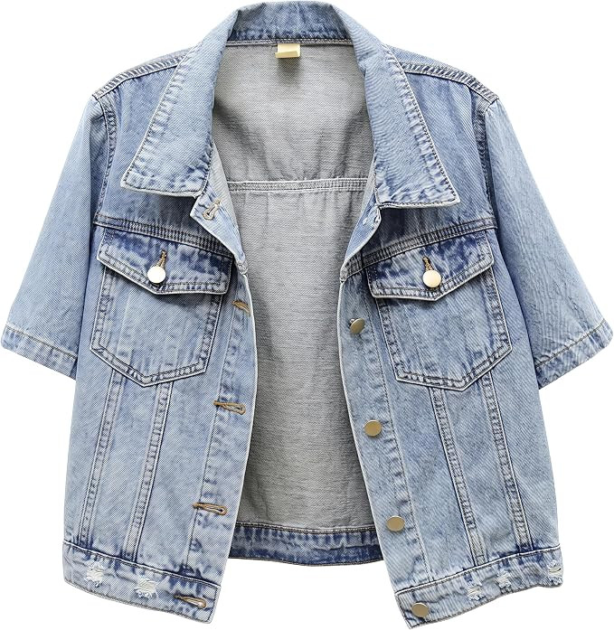 Cropped Denim Jacket for Women Short Sleeve Casual Ripped Jean Jackets Distressed Trucker Coats | Amazon (US)