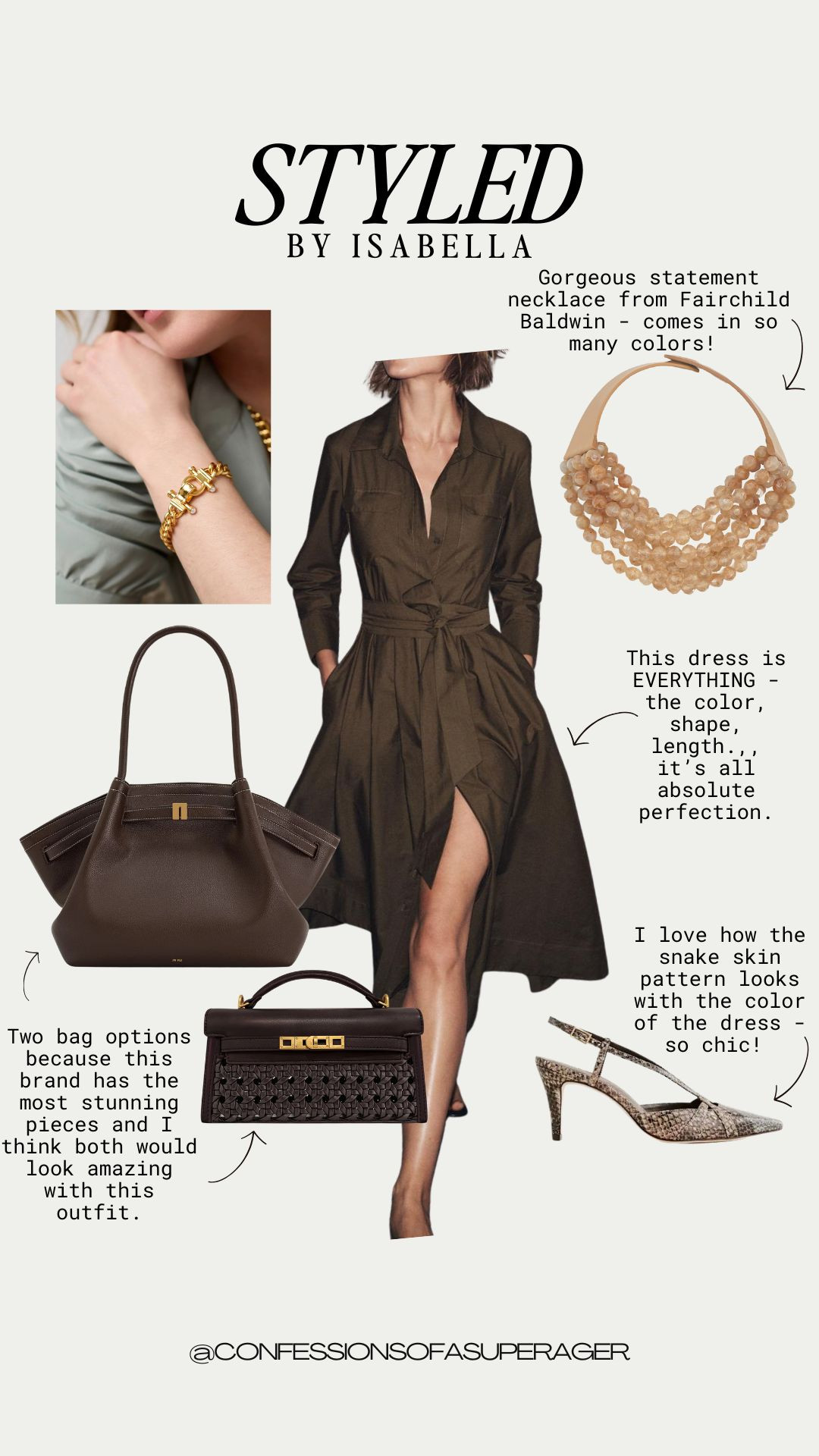This dress is EVERYTHING 🤎 The color, shape, and length make it an instant classic for fall style. I paired it with a gorgeous Fairchild Baldwin statement necklace, two stunning bag options, and chic snakeskin heels that elevate the entire outfit ✨ 

 #falloutfitideas #ltkfallstyle #ltkfashion #classyfalloutfits #capsulewardrobeessentials #ltkstyleinspo #chicstyleover40 #confessionsofasuperager #LTKOver40 #LTKSaleAlert #LTKItBag