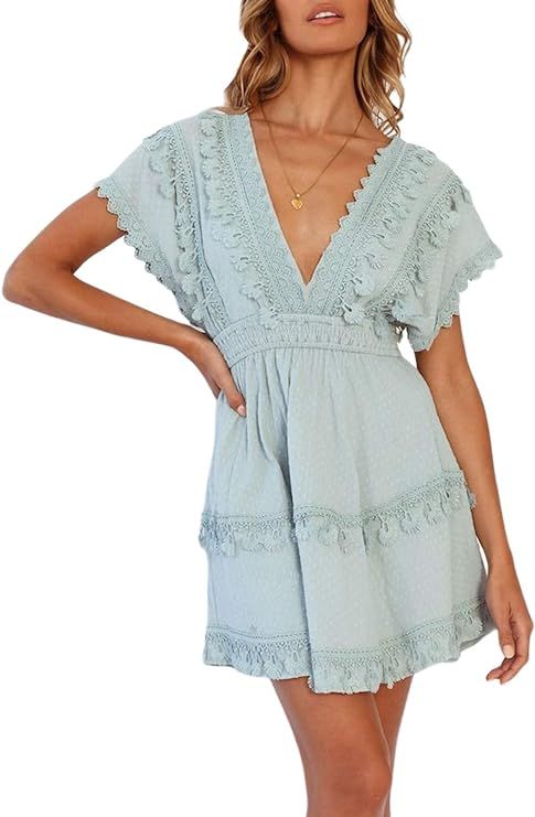 Vintagton Women’s Casual V Neck Cap Sleeve A-Line Dress Swiss Dot Green Mini Dress with Lace | Amazon (US)