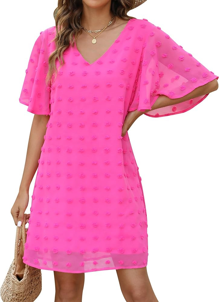 Blooming Jelly Womens White Dresses Short Sleeve V Neck Ruffle Cute Sun Dress Chiffon Flowy Shift... | Amazon (US)