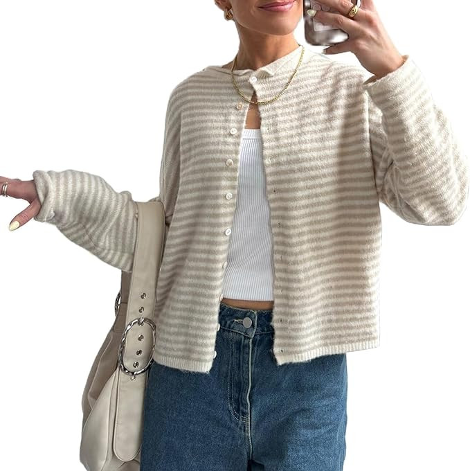 Muineobuka Womens Striped Cardigan Sweater Casual Crew Neck Open Front Button Down Long Sleeve Kn... | Amazon (US)