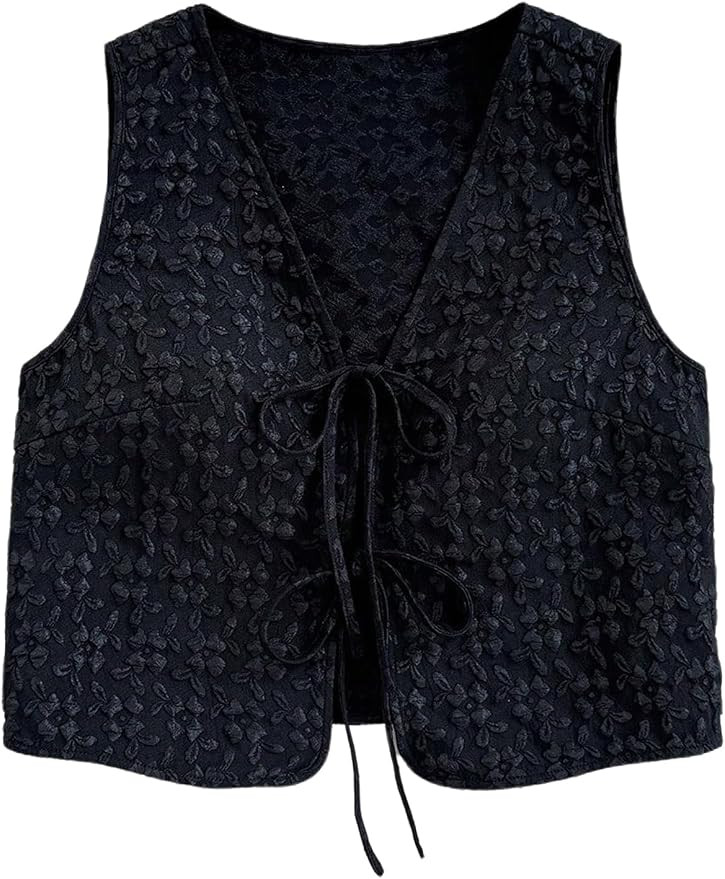 SHENHE Women's Tie Front Textured Floral Tank Top V Neck Sleeveless Casual Boho Vest | Amazon (US)