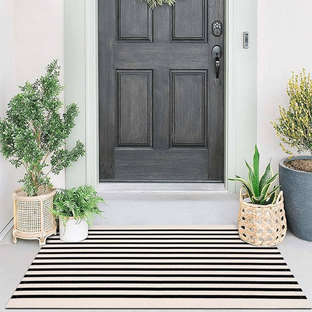 Collive Door Mat Black and White Striped 27.5" x 43.3" Front Porch Rug Hand Woven Entryway | Amazon (US)