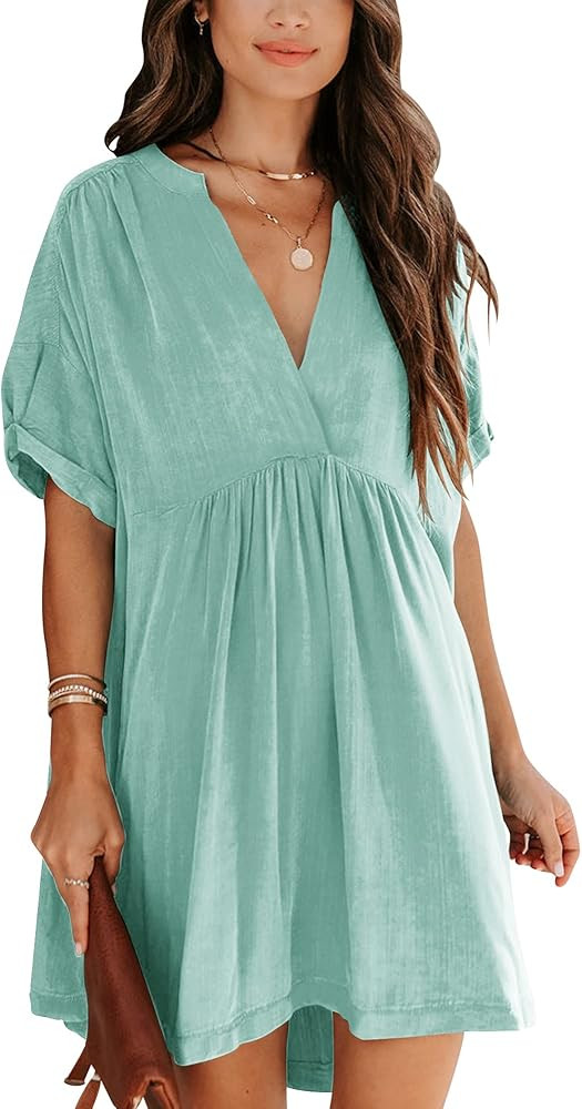 Minclouse Women's Babydoll Short Sleeve Tunic Dress V Neck Cute Casual Loose Dresses | Amazon (US)