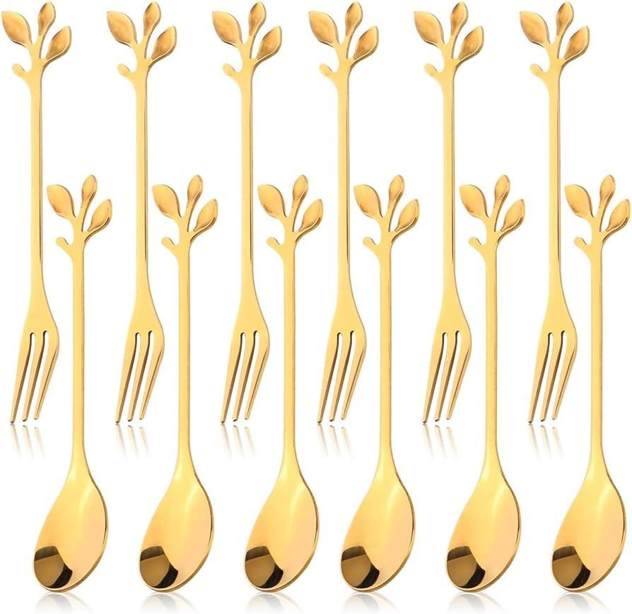12pcs Stainless Steel Gold Leaf Coffee Spoon and Cake Fruit Forks Kitchen Accessory Wedding Party... | Amazon (US)
