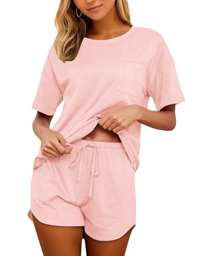 KCW Cotton Pajamas for Women Set Lightweight Tops and Shorts Soft Pjs 2 Piece Sleep Wear Loungewear Light Pink M | Amazon (US)
