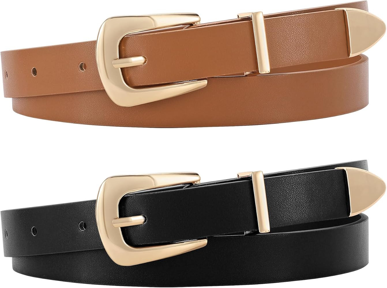 JASGOOD 2 Pack Women's Skinny Leather Belts Faux Leather Thin Waist Belts with Gold Buckle for Je... | Amazon (US)