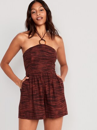 Linen-Blend O-Ring Halter Romper for Women -- 3-inch inseam | Old Navy (US)